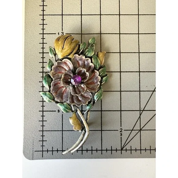 Vintage Enamel Flower Brooch Silver Tone - Picture 2 of 4